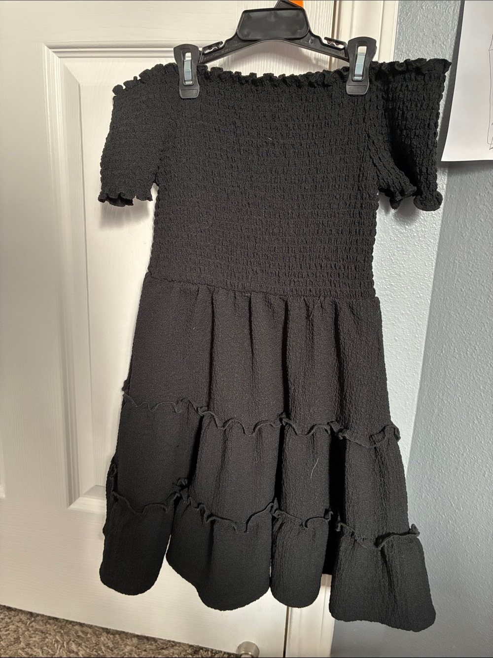 Black Smocked Off-Shoulder Kids Dress